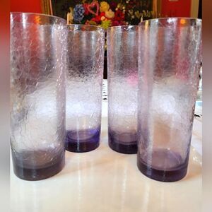 Vintage Pristine MCM Set of 4 Hand Blown Purple Crackle Glass Drinking Glasses